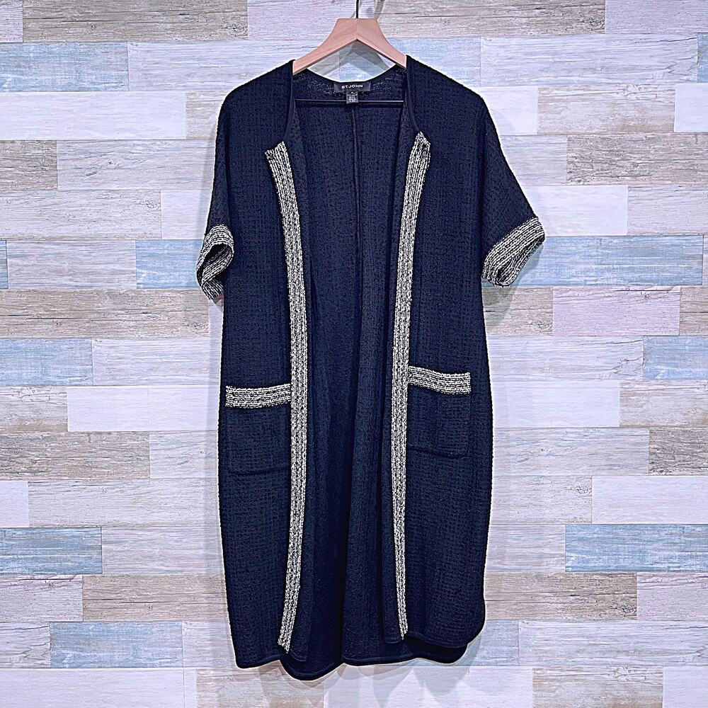ST JOHN Textured Knit Wool Blend Duster Black Beige Trim Short Sleeve Womens XL